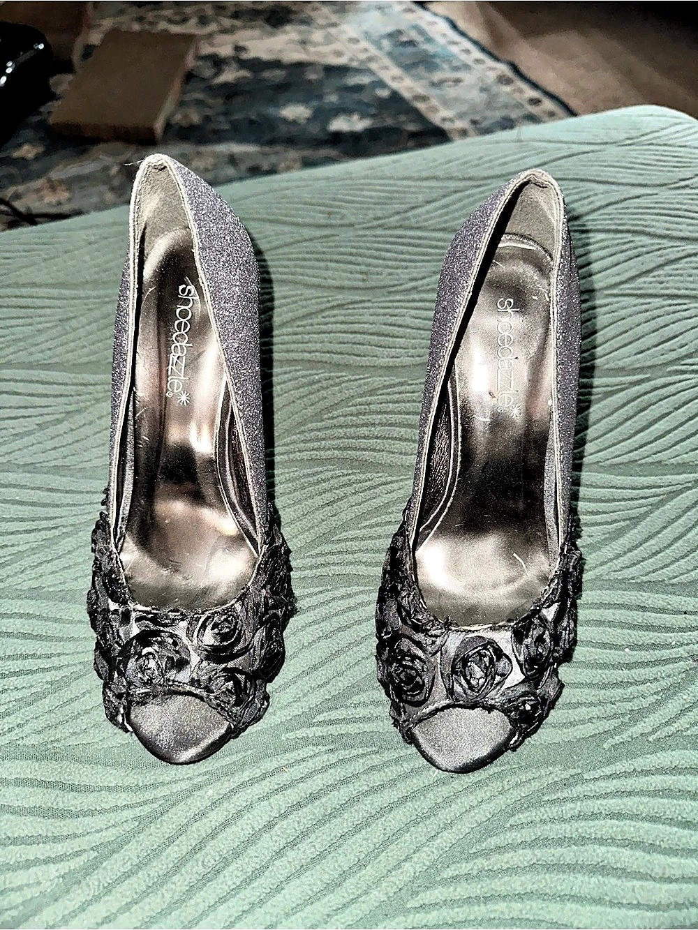 Bazzi Glitter Floral Peep Toe Heels in Silver & Black